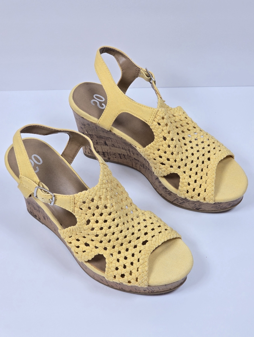 SO Taffy Yellow Woven Crochet Cork Wedge Sandals Platform Women's Size 9.5